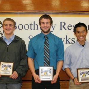 Football plaque winners, from left, Zach Vise, Most Improved; Jason Maddocks, Most Valuable; and Jude Alamo, Coaches Award. Maddocks later gave his plaque to teammate Thomas Cornell. KEVIN BURNHAM/Boothbay Register