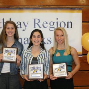 Girls cross-country plaque winners, from left, Kate Friant, Most Improved; Sofia Thayer, Most Valuable; and Morgan Crocker, Coaches Award. KEVIN BURNHAM/Boothbay Register