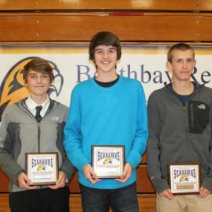 Boys cross-country plaque winners, from left, Robert Campbell, Coaches Award; Jack Hasch, Most Improved; Benn Scully, Most Valuable. KEVIN BURNHAM/Boothbay Register