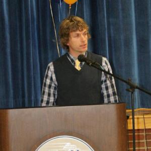 Cross-country Coach Nick Scott gives his spotlight speech at Tuesday’s sports awards. KEVIN BURNHAM/Boothbay Register