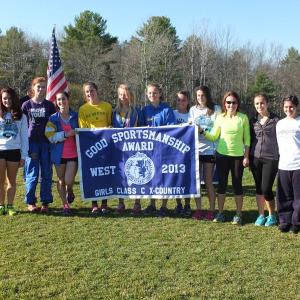 Lady Seahawks cross country won the Western Maine Class C Good Sportsmanship Award. From left Tori Schmid, Tori Rackcliff, Sophia Thayer, Kate Friant, Morgan Crocker, Hannah Morley, Brooke Alley, Shaw Pinkham, Coach Lauren Forgues, Ashley Reed, Genevieve Taylor. RYAN LEIGHTON/Boothbay Register