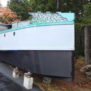 “The retirement plan” is a 37-foot trimaran that Lee plans to take down to Savannah someday. The hull is made from epoxy encapsulated plywood and will feature two wings extending from the side. RYAN LEIGHTON/Boothbay Register