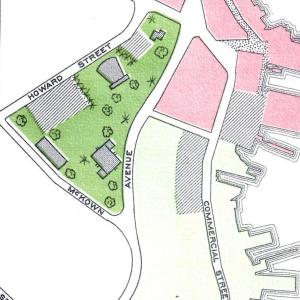 This 1961 section of the Sewall consultants' plan shows the 3 1/4-acre parcel bounded by McKown Street and Howard Street as they envisioned it if their suggestions were enacted. Municipal buildings were to share space with parking and a park on a lot which ascended steep McKown Hill and was to be enlarged by discontinuing Todd Avenue. It would have necessitated buying many private lots and demolishing buildings. This 1961 section of the Sewall consultants' plan shows the 3 1/4-acre parcel bounded by McKown Street and Howard Street as they envisioned it if their suggestions were enacted. Municipal buildings were to share space with parking and a park on a lot which ascended steep McKown Hill and was to be enlarged by discontinuing Todd Avenue. It would have necessitated buying many private lots and demolishing buildings.