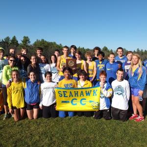 The Boothbay Region High School cross country team. The boys team celebrated its second state title in five years, and the girls team placed fifth out of 10 teams on November 2 in Cumberland. Front row, from left are Kate Friant, Sophia Thayer, Genevieve Taylor, Karl Alamo, Sam Betts, Noah Sherburne and David Machon. Middle row Coach Lauren Forgues, Tori Schmid, Ashley Reed, Brooke Alley, Shaw Pinkham, Benn Scully, Robert Campbell, Joey Paolillo, Kyle Alamo, Hannah Morley, Tori Rackcliff, Morgan Crocker.