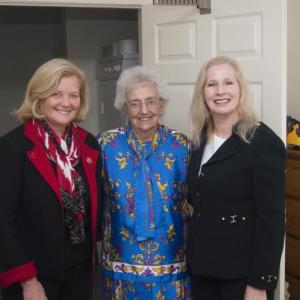 Congresswoman Chellie Pingree with Maine USDA Rural Development State Director Virginia Manuel and 90-year-old Plant Home resident Phyllis Goulette. Courtesy of Willy Ritch Pingree