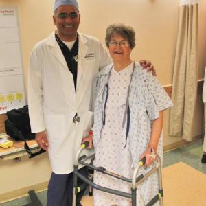 Lincoln Medical Partners Orthopaedic Surgeon Dr. Rifat Zaidi and hip replacement patient Janice Taft, just a few hours after Taft came out of surgery. Dr. Zaidi used a minimally invasive technique that often results in a faster recovery. Courtesy of Alan Crowell/LincolnHealth Hip surgery