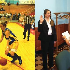 A look at Katie Sibley then and now. Left, Sibley cuts to the hoop as a Lady Seahawk in 2003 (file photo). Right, Sibley gets sworn in as an assistant district attorney in June, 2012. Sibley was promoted to assistant attorney general in November 2013. Courtesy of Katie Sibley