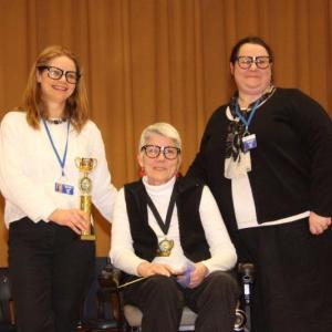 Pictured are, from left, Tanya Hammond, Martha Landry and Nathalie Gorey, the Boothbay Region High School team that is tough to beat. This word-wise trio has won the Bee two years in a row. Can you take their trophy away? File photo Bee winners