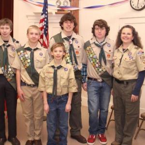 Troop 238 hosted Sherman Brewer’s Eagle Scout ceremony on Saturday, Jan. 18 at the Southport Town Hall. Parker Elkins served as the master of ceremonies and did a wonderful job. Representatives were present from the Kennebec Valley Eagle Scout Board of Review, Senator Susan Collins Office and the Marine Corp. As well, Sherman was presented with an American flag that flew over the US Capitol in Washington D.C. on the day he earned the rank of Eagle Scout, October 30, 2013, and two scrapbooks of congratulations from the five living presidents of the United States, congressmen, selectmen, the Queen of England and various celebrities including Clint Eastwood, Tom Selleck, Jane Goodall, Mike Rowe from “Dirty Jobs” (also an Eagle Scout), and the crew of the Time Bandit from TV’s “Deadliest Catch.” A good time was had by all. Pictured from left are Parker Elkins, Draco Peaslee, Sherman Brewer, Jake Brewer, Scoutmaster Sarah Sherman; front: Ethan Barter. Courtesy of Leisha MacDougall