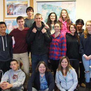 Heading to Central America: front from left, Andrew Hallinan, teacher Karol Clark, Saida Riddell; second row, from left, Jude Alamo, Jacob Leonard, Benn Scully, Hannah Winslow, Brooke Alley and Hannah Morley; back row: Gabriel Purin, Sophia Thayer, Kate Friant and Karl Alamo. SUZI THAYER/Boothbay Register