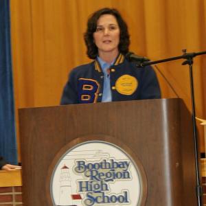 Lesley Blethen, Boothbay Region High School class of 1985, speaks at the winter sports banquet on March 5. KEVIN BURNHAM/Boothbay Register Blethen