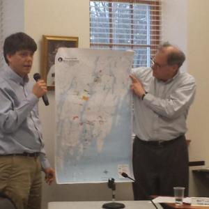 Steven Hufnagel, left, stands with Damariscotta Town Manager Matt Lutkus on Wednesday March 19 during a board of selectmen meeting. Hufnagel, executive director for the Damariscotta River Association, spoke with selectmen about the RA’s upcoming plans. BEN BULKELEY/Wiscasset Newspaper