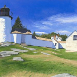 “Burnt Island Lighthouse,” by Kevin Beers, one of two original paintings purchased for display by Spruce Point Inn in Boothbay Harbor, Maine.