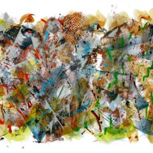 "Sixteenth century Literati Debate the Relative Merits of Italian & French Opera," 20 by 30-inch watercolor by Terry Seaman. Terry Seaman
