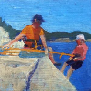 "Belay from Above, Otter Cliffs," oil on board, 4 by 4-inch by Jessica Ives.