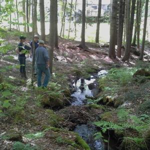 Americorps volunteer Laura Crossley and Rita and Gary Arnold (West Harbor Pond Watershed Association) survey an inlet stream to Knickerbocker Lake during Saturday’s watershed survey. Courtesy of Boothbay Region Water District Photo of watershed survey