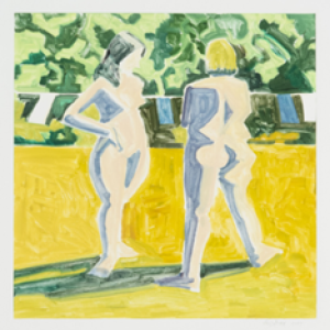Lois Dodd, Two Nudes and Clothesline, 2004, Monoprint, 22 by 23 inches, Gift of the artist, Colby College Museum of Art.
Lois Dodd, Two Nudes and Clothesline, 2004
