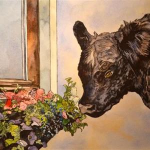 "sniffing flowers of blue white and red" by Thomas Block