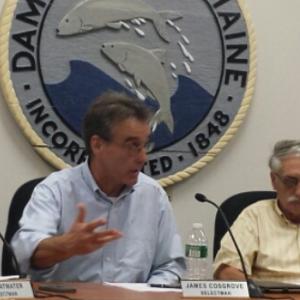 JIM COSGROVE, left, discusses the downtown parking problem in Damariscotta. Although he said he is hoping for a resolution, a parking problem is a good problem for a town looking to bring in tourists. BEN BULKELEY/Wiscasset Newspaper
