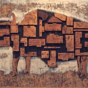 Wood relief of a bull by Bernard Langlais in 1962, titled “Certain Circles,” currently on display at the Colby College Museum of Art in Waterville, ME. MIKE SCARBOROUGH/Boothbay Register Langlais Bull