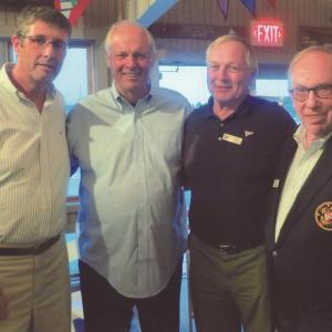 Pictured at the Jobson event are, from left, Tim Hodgdon of Hodgdon Yachts, Gary Jobson, Bob Scribner, race director for BHYC of the just completed Lobster Run, and Lee Krow, commodore of the Boothbay Harbor Yacht Club. Courtesy of Louise Holmes