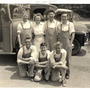 The summer crew at Tilton's Dairy in June 1952. Pictured from left are, front row: Bruce Grover, Ronnie Richardson, Dickie Latter; back row: Red "Flash" Brewer, Evie Richardson, Richie Richardson (Ron's father), Mike Christopher. Courtesy of Ron Richardson