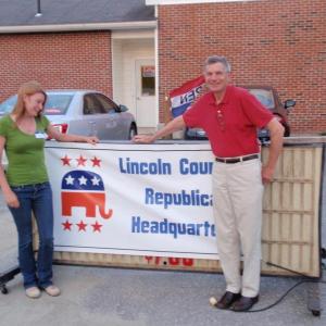 Anna Morkeski and Les Fossel outside the Lincoln County Republican's new headquarters on Business Route 1 in Damariscotta. Courtesy of LCRC