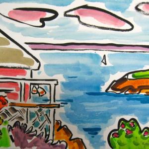 "Porch View to Sea, Monhegan," watercolor and Ink, Ellen Hutcheson
Ellen Hutcheson