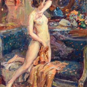 Georges Ferdinand Lemmers (Belgian, 1871-1944), “In Her Boudoir,” oil on panel, 13 7/8 by 12 inches, is one of the works included in the new show at the Wiscasset Bay Gallery, August 16 through September 30.