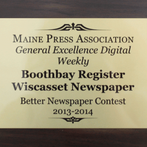 The winning plaque for the Boothbay Register/Wiscasset Newspaper websites. NICOLE LYONS/Boothbay Register