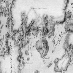 A SECTION of the 1772 Sproule map showing the simultaneous use of three of the names for our area. Winnegance Bay is now Linekin Bay; Townsend Harbor is Boothbay Harbor; Booth Bay meetinghouse site is now a small town park at Boothbay Center. The meetinghouse was both the church and town hall. Courtesy of the Boothbay Region Historical Society