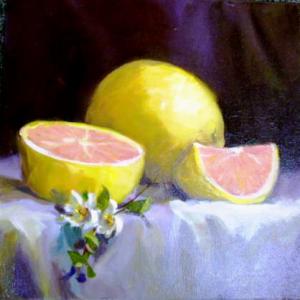 “Pink Grapefruit,” 12 by 12-inch oil by Sandra Leinonen Dunn for the 2014 “Art in the Square” show. Courtesy of Boothbay Region Art Foundation
“Pink Grapefruit,” Sandra Dunn