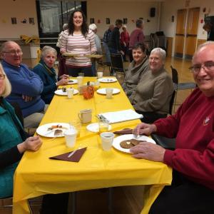 A group of “Active Older Adults” enjoys a Thanksgiving breakfast at the YMCA on Nov. 17. From left: Nancy Aho, Howard and Dee Wright, Rose Mooney (serving), Sandra Thibault, Corinne Gould and Phil Tripodi. SUZI THAYER/Boothbay Register