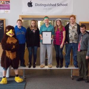 The students who created the iBook which gained Boothbay Region High School the title of Apple Distinguished School. From left: Camden Spear (in Seahawk costume), Tyler Field, Anna Baumm, Courtney Brewer, Lisa Pawlowski, Dominick Thompson and Jacob Bishopp. Not pictured: Kenny Hicks. KATRINA CLARK/Boothbay Register