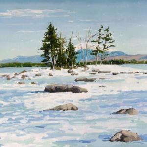 “Frozen Spring,” gouache on paper by Judy Taylor, one of the works in the “Inspired by Katahdin” exhibit. Courtesy of Kathy Leeman “Frozen Spring,” gouache on paper by Judy Taylor