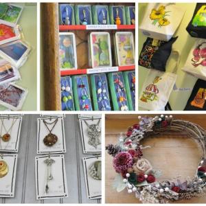Some of the items to be found at Rising Tide’s second annual Holiday Gift Show are, from top, left, clockwise from top: cards by Lisa Haag Workman, jewelry and wine charms by Ellen Whalley, screenprinted canvas bags by Roz Davis; wreaths by Roz Davis and Steampunk jewelry by Stephanie Lane. Elya Markert image