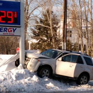 No one was hurt in this vehicle’s Saturday morning collision with the Clipper Mart sign on Route 1 in Wiscasset, Wiscasset police said. Courtesy of Tammy Doughty Clipper Mart, collision