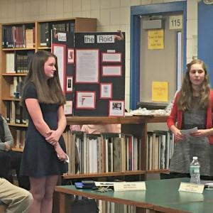 Eighth graders Riley Sullivan, left, and Olivia Paolillo present their project about steroid abuse to the school committee on March 11. KATRINA CLARK/Boothbay Register