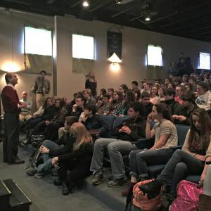 Kim Waller and Tom Kee, far left, discuss the meaning of the play they just performed called “Think Twice” with BRHS students. KATRINA CLARK/Boothbay Register