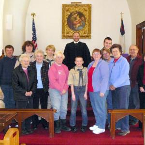 Participating in the mock trial at Southport Methodist Church on March 14 are, from left, back row: Kristi Poole (police officer), Joel Peaslee (former friend of the defendant), Jake Brewer (defendant), Draco Peaslee (defense attorney), Judge Charles Dow, Jacob Bishopp (prosecuting attorney for the state of Maine); front row: Ziggy (Troop 238 mascot), Troop Grandmothers Jean "Nini" Thompson, Evelyn "Mema" Sherman, and Nora "Grammy" Brewer (jurors); Ethan Barter (witness), Bonnie Wormwood, Tammy Blackman, Becky Singer, Jim Singer (jurors); Meegan Burbank (Attorney and merit badge counselor), Attorney Richard Elliott Sr. (Troop 238 mentor, juror and Eagle Scout). Missing from the photo was Sarah Sherman (Scoutmaster and juror). Courtesy of Sarah Sherman