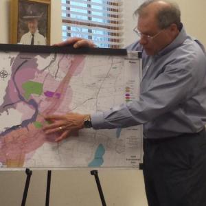 Damariscotta Town Manager Matt Lutkus highlights where adult-themed businesses could and couldn’t potentially open in Damariscotta. On Wednesday, voters unanimously approved a change in the land use ordinance for the new adult entertainment regulations. BEN BULKELEY/Wiscasset Newspaper
