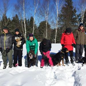 Six dogs and their humans took an hour hike at Penny Lake Preserve in Boothbay Harbor on Feb. 27. Left to right: Addie, Gary and Ida Clarke, with Elliot; Tracey and Cedar Hall; Diane and Jackson Gilman; Ellen and Jarhead Kearns; and Andy Abello, Amanda Russell and Maude. SUZI THAYER/Boothbay Register