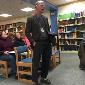 Chairman of the Boothbay Region Educators Association Mark Gorey speaks at a school committee meeting in January 2015 regarding contract negotiations. KATRINA CLARK/Boothbay Register