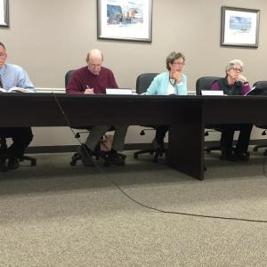 The Boothbay Harbor selectmen discuss a special town meeting with residents. From left are Russ Hoffman, vice chairman Bill Hamblen, chairman Denise Griffin, Wendy Wolf, and Tricia Warren. KATRINA CLARK/Boothbay Register
