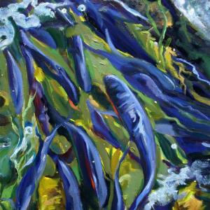 Damariscotta artist Ruth Monsell’s “Alewives Boogie Woogie,” is among her oil paintings in the new and current show at the Maine Art Gallery. Courtesy of Toni Crouch “Alewives Boogie Woogie,” by Ruth Monsell