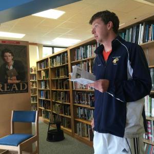 Boothbay Region High School Girls Tennis Coach Alex Arsenault addresses the CSD trustees on June 3. KATRINA CLARK/Boothbay Register