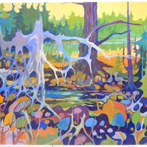 “Wilderness Fantasy,” a 30” x 39” acrylic work is one of the 25 new paintings completed by Carlton Plummer this winter. This piece was inspired by Boothbay’s wetlands. This and others by Carlton, new florals by Joan Plummer and granite sculptures by Gerry Plummer await at The Plummer Gallery in East Boothbay. Courtesy of Carlton Plummer Carlton Plummer “Wilderness Fantasy”