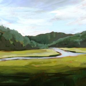 “Tidal Marsh,” an acrylic by Sarah Wilde, is one of the paintings included in the June/July show at the Boothbay Region Art Foundation: “July in Maine.” Courtesy of BRAF Tidal Marsh, acrylic, Sarah Wilde