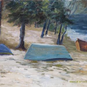 “Dories at Barrett Park,” 11 by 14-inch oil by Corinne McInytre, is one of the artist’s new works in her “A Midsummer Show” exhibit at Ocean Point Studio in East Boothbay. Courtesy of Corinne McIntyre Corinne McIntyre