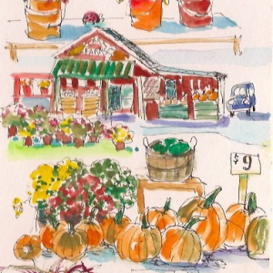 Artist Hannah Ineson’s example of illustrated journaling with watercolors. Ineson will offer two workshops, in mid-July and mid-August at River Arts and various scenic locations. Courtesy of Linda Morkeski Fall Farm Stand Hannah Ineson